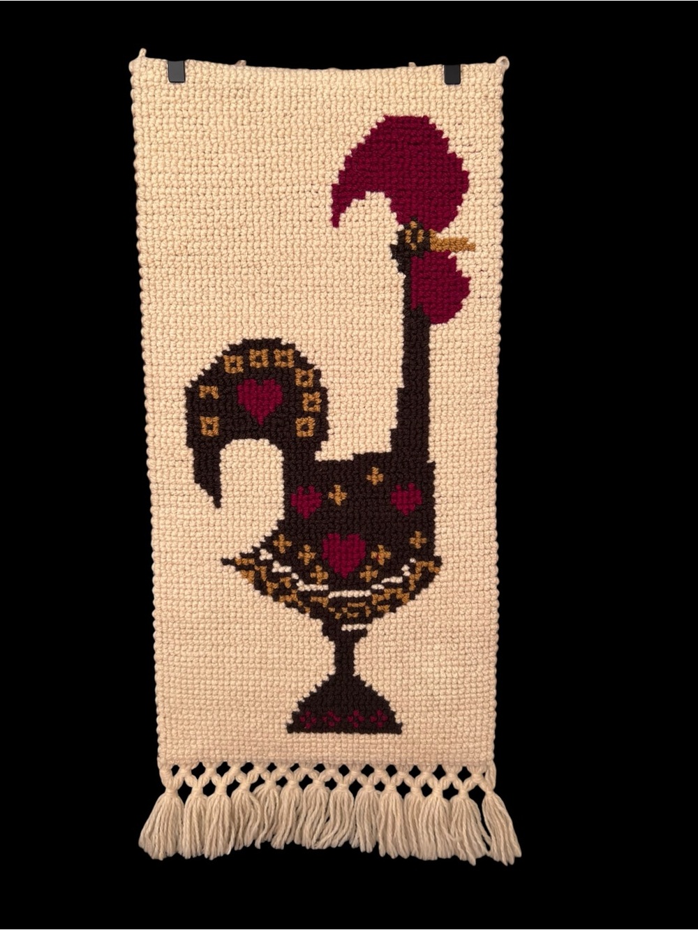 Vintage Wool Tapestry Portuguese Rooster Wall Hanging Earthy 15" x 36"